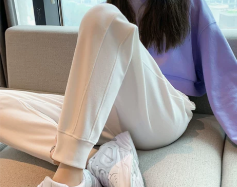 白色运动裤女春秋薄款宽松束脚哈伦女裤子20...