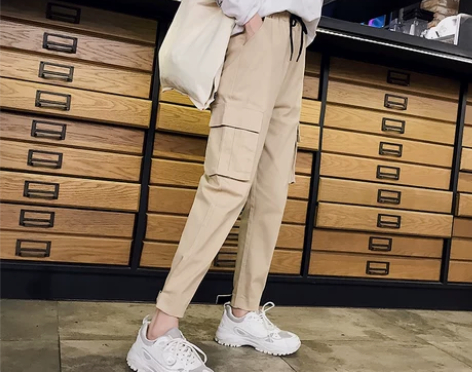法式工装裤女宽松bf束脚显瘦帅气潮牌高腰国...