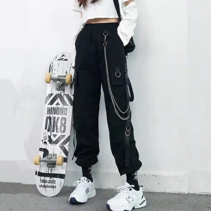 束脚工装裤女显瘦高腰秋冬帅气黑色裤子女宽松...