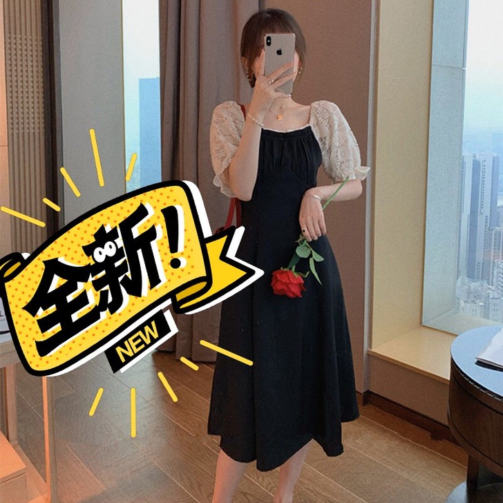 桔梗法式小众复古黑色长裙子超仙气质方领收腰...