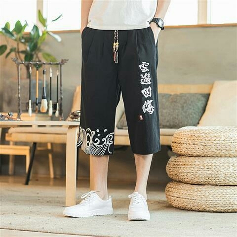 夏季中国风刺绣纯棉七分裤男潮复古风宽松薄款...