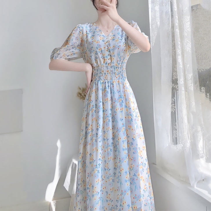 大码雪纺连衣裙夏季气质显瘦印花仙女a字中长...