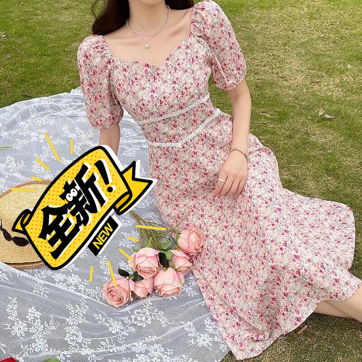清仓处理法式甜美碎花连衣裙女夏2021新款...
