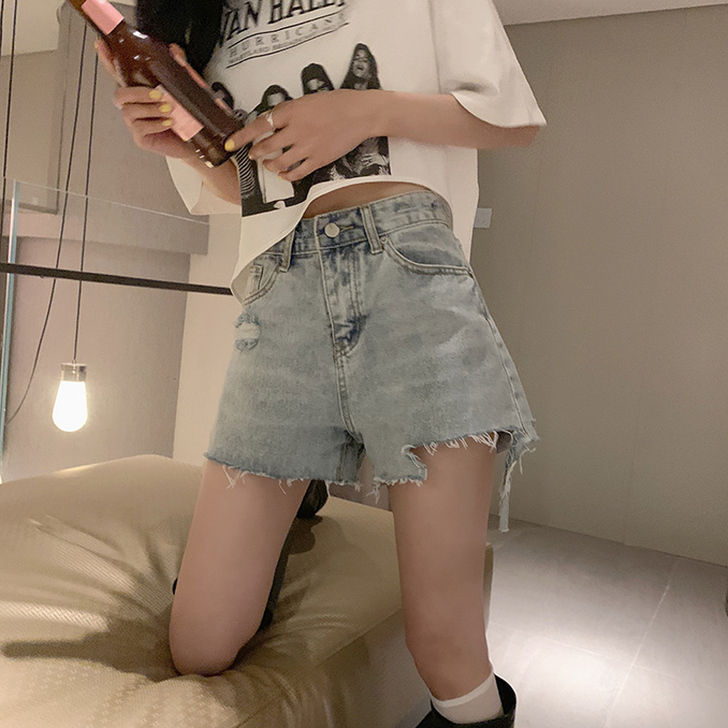 宽松复古裤子潮夏季新款高腰显瘦破洞牛仔短裤...