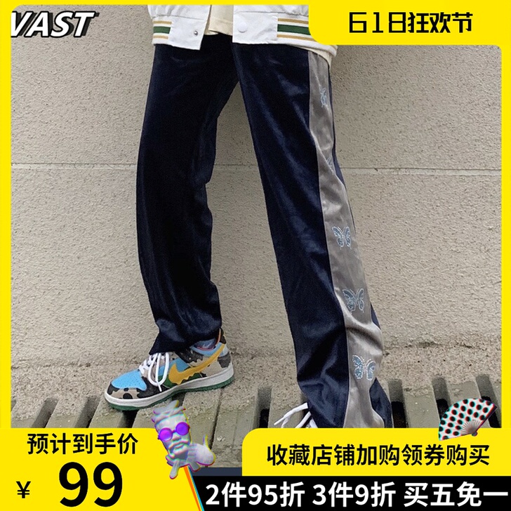VAST烫钻串标水钻蝴蝶蓝丝绒裤高街男女国...