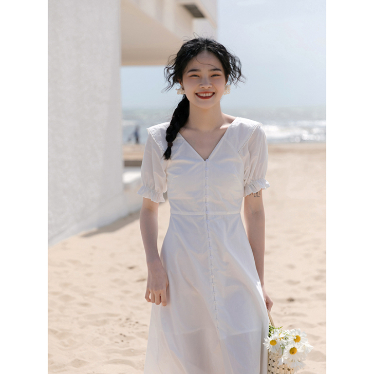 清仓秒杀 复古法式小众白色连衣裙女夏气质显...