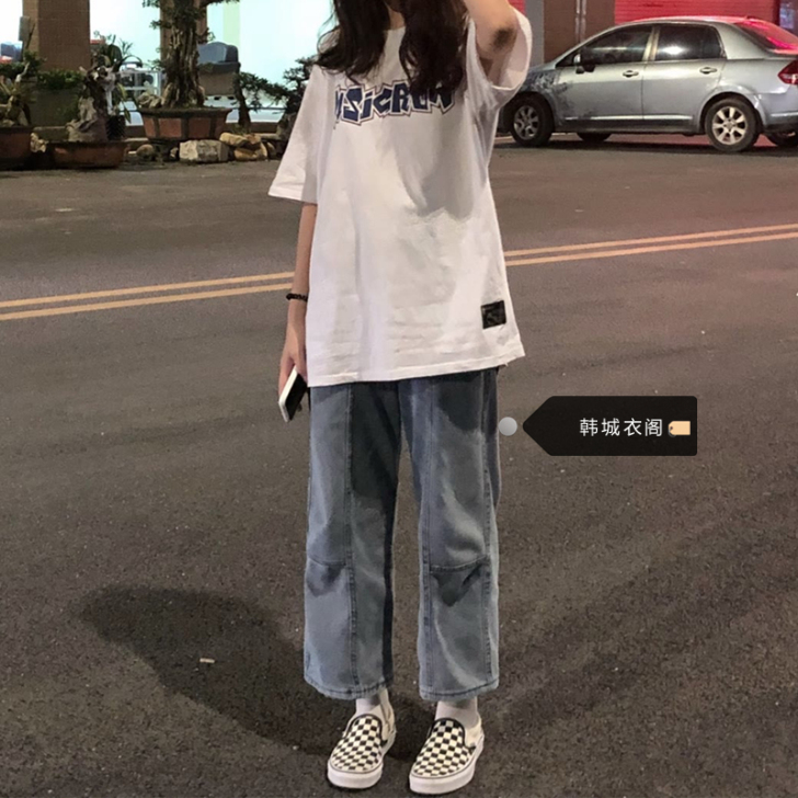 牛仔裤女直筒宽松高腰小个子复古学生阔腿老爹...
