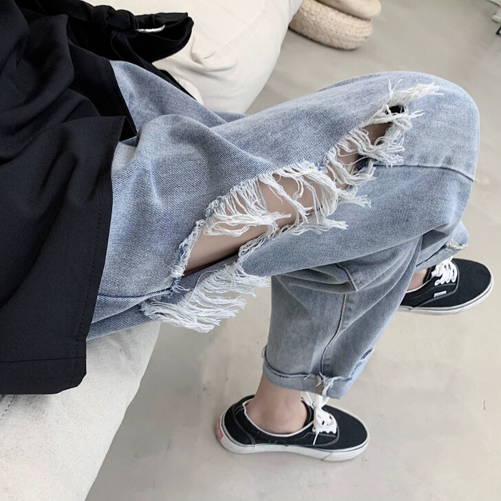 破洞牛仔裤女ins潮高腰韩版宽松春秋高街裤...