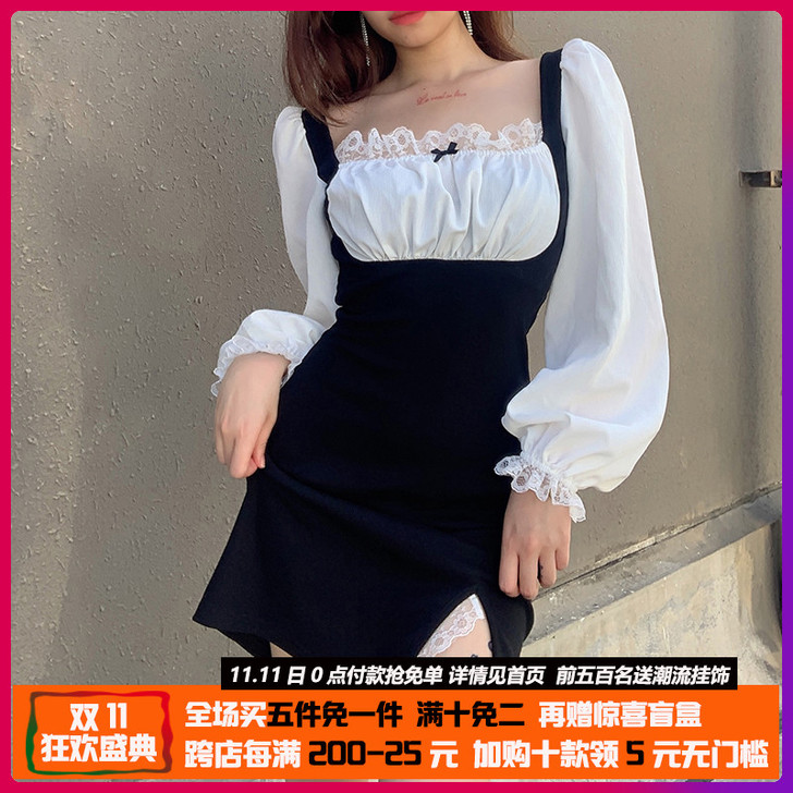 设计感ins假两件拼接泡泡袖方领连衣裙女 ...