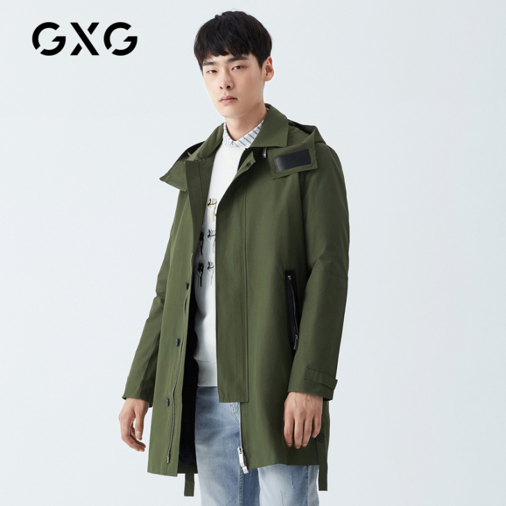 GXG男装 春季专柜款军绿时尚连帽防风长款...
