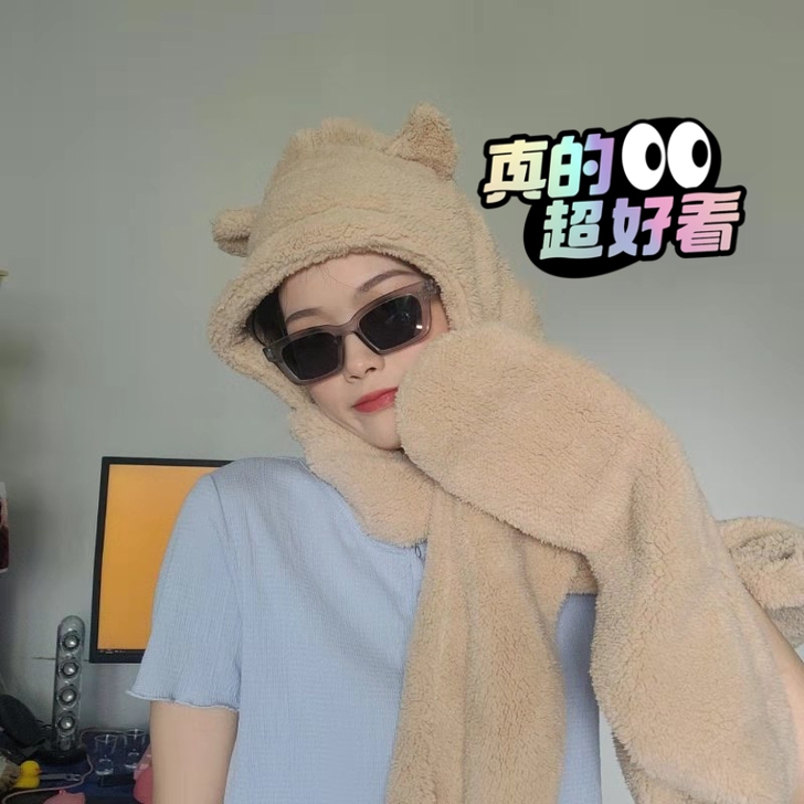 Jennie小熊帽子围巾一体女冬季两件套保...
