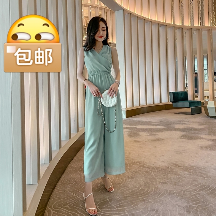 格润雅连体裤女新款夏气质v领雪纺连衣裤