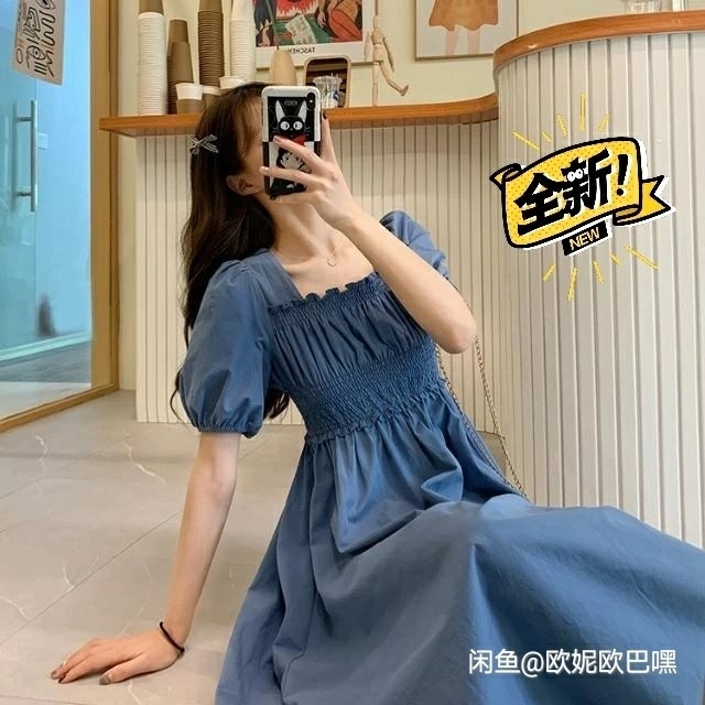 实体关门 收腰气质茶歇裙女法式复古桔梗裙方...