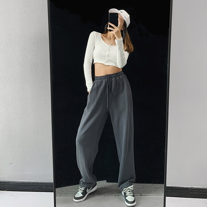 美式高街宽松休闲运动裤女春秋显瘦松紧腰束脚...