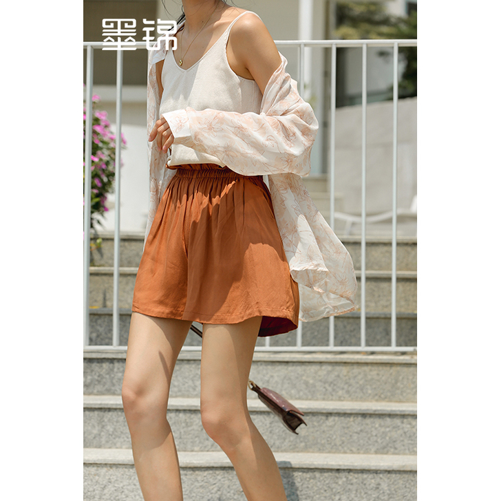 墨锦高腰阔腿松紧腰设计皱褶短裤女2019夏...