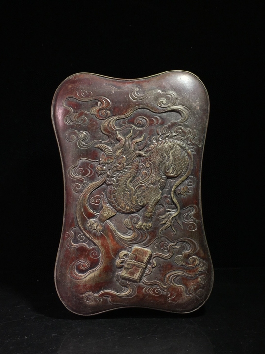 旧藏端砚 麒麟吐书 带盖文房砚，朱砚，石料...