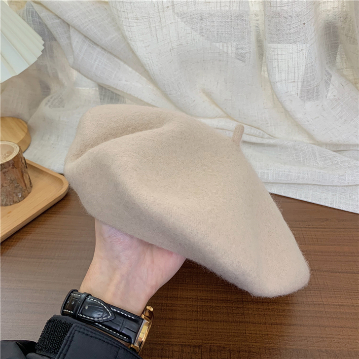 冬日的一抹温暖~奶茶色羊毛贝雷帽女日系甜美...