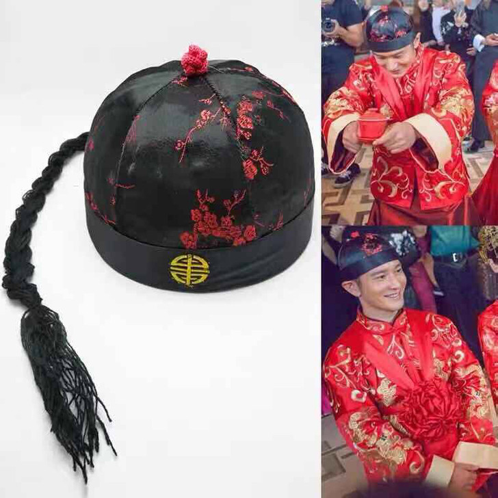 黄晓明Baby中式婚礼同款新郎礼帽唐装地主...