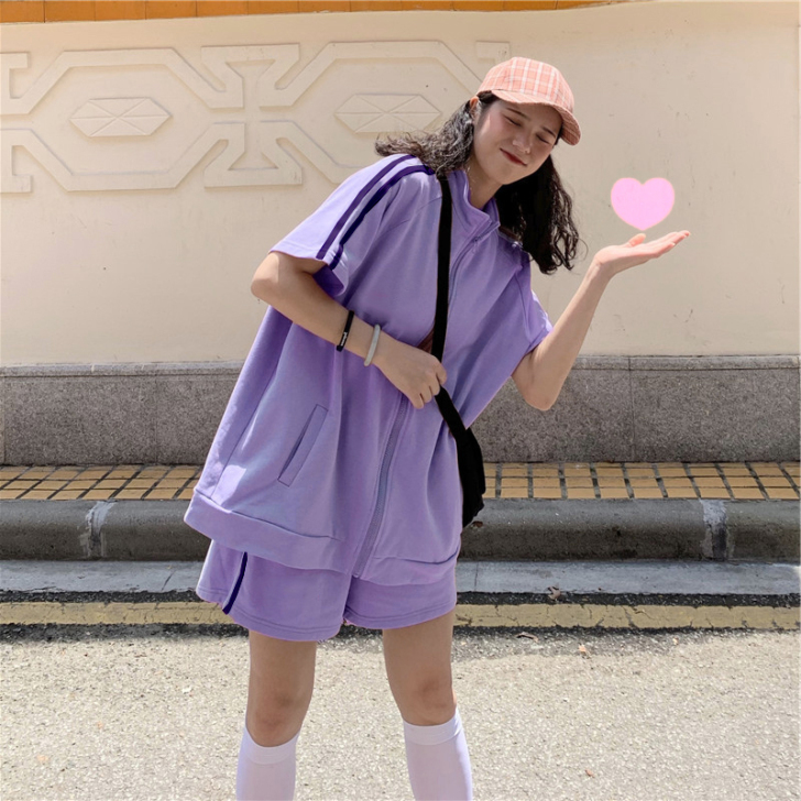 夏季新款韩版洋气紫色运动套装女学生盐系短袖...