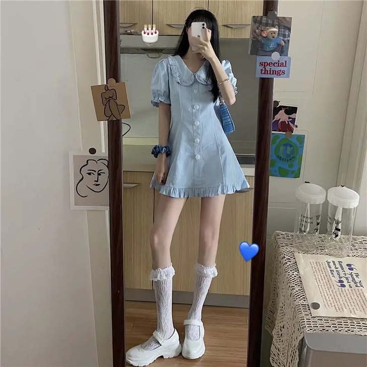 桔梗裙初恋小个子法式浅蓝色裙子女夏娃娃领泡...