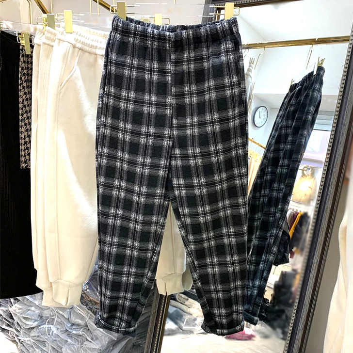 黑白格子裤女秋冬加绒加厚小个子直筒宽松休闲...