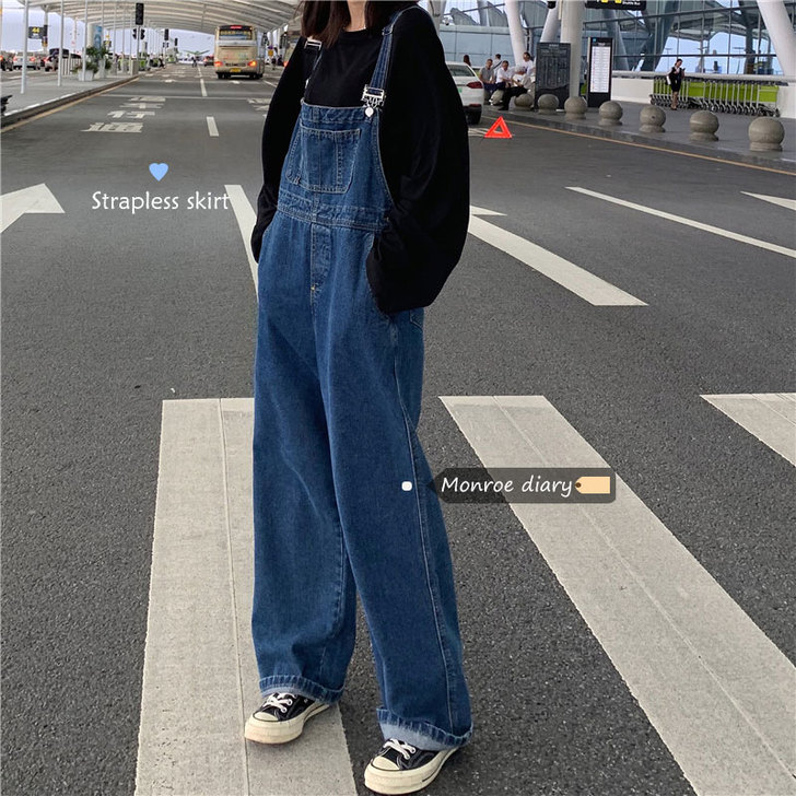 2021新款韩版宽松牛仔背带裤复古港味女显...