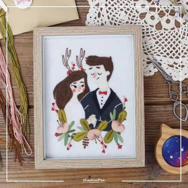 羊毛毡成品刺绣画 画框相框摆件  情侣礼物...
