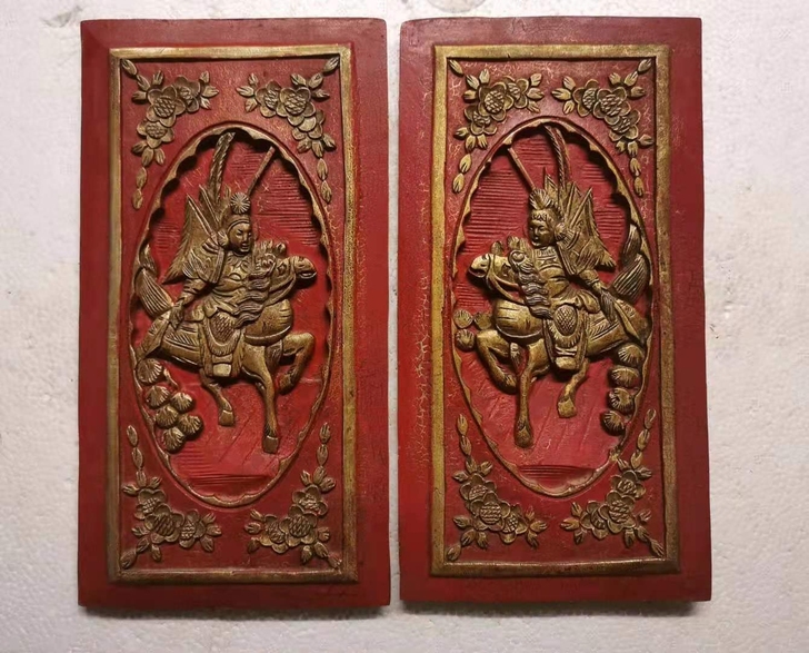 老木雕花板,将军出征图案,雕刻精致,四角衬...