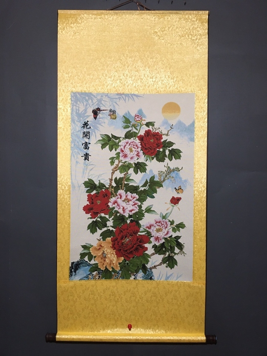 花开富贵刺绣画中堂画织锦绣带画轴装裱刺绣画...