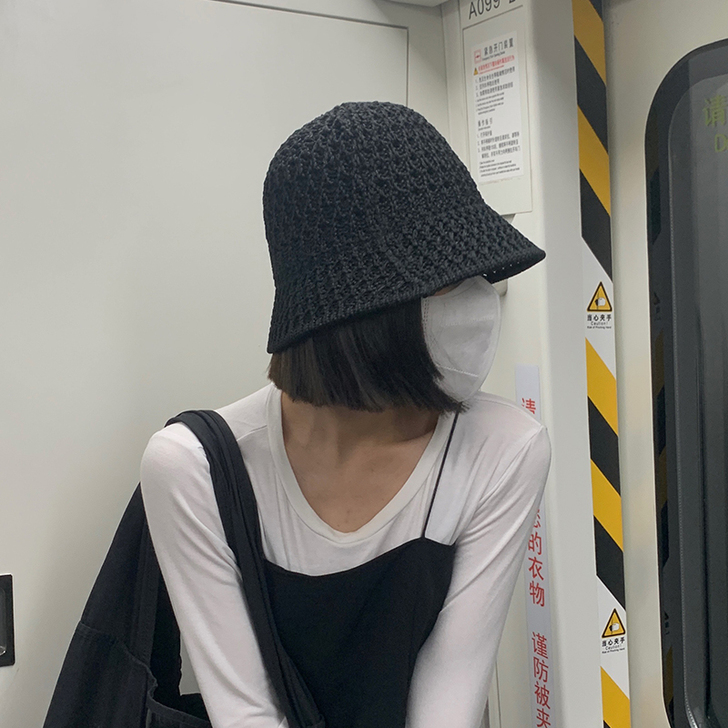 针织盆帽日系显脸小水桶帽女夏镂空显脸小遮阳...