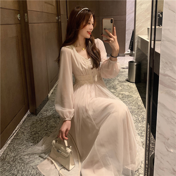 超仙森系网纱初恋甜美公主风长袖仙女连衣裙子...