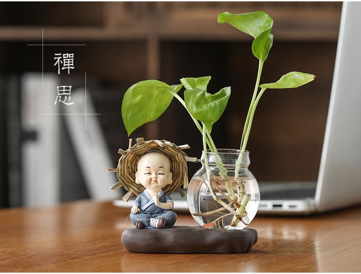超可爱!创意玻璃摆件和尚小花器花盆特价茶桌...