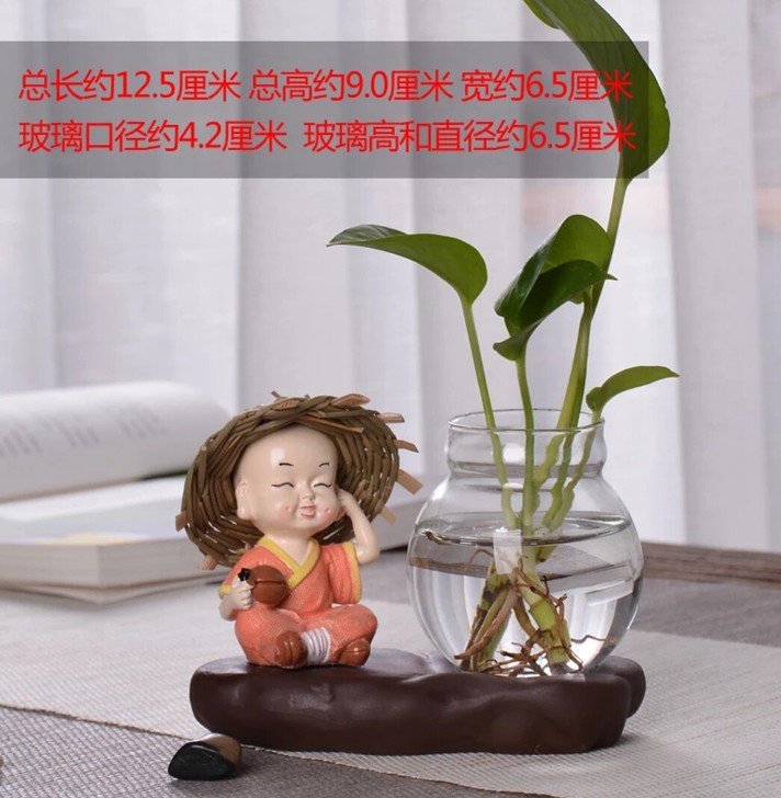 创意小和尚玻璃插花瓶陶瓷摆件水栽养植物办公...