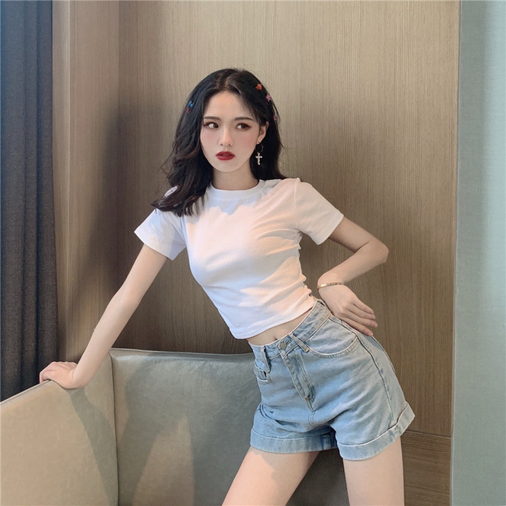 心机t恤女夏装小众修身露脐短款纯色上衣服短...