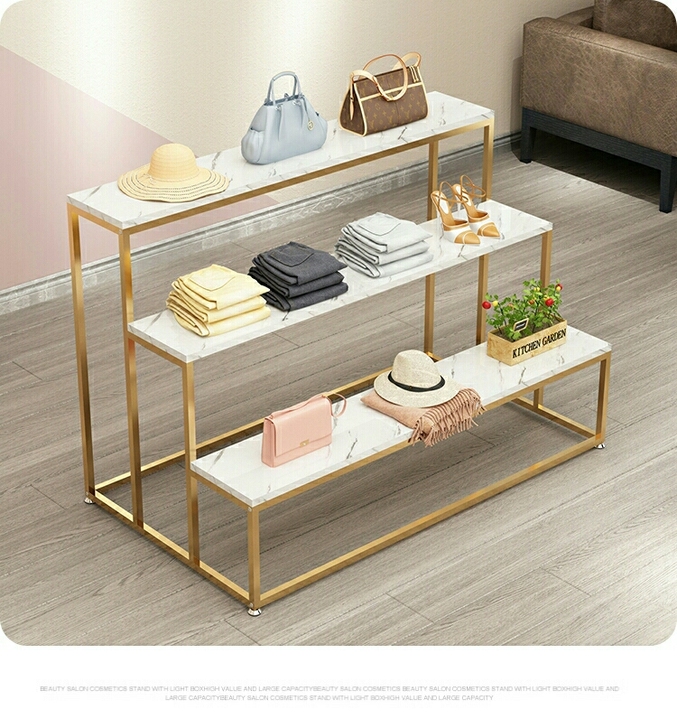 金银色服装店中岛桌展示架阶梯式流水台鞋包三...