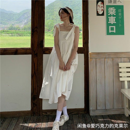 吊带连衣裙全新有吊牌 白色蓝色女夏装法式初...