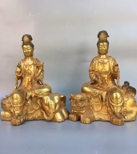 铜鎏金文殊普贤菩萨佛像,工艺精美,包浆厚重...