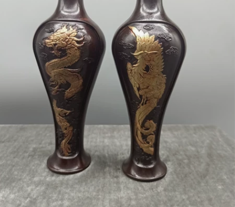 纯铜精鎏金工艺制作龙凤花瓶一对,居家办公室...