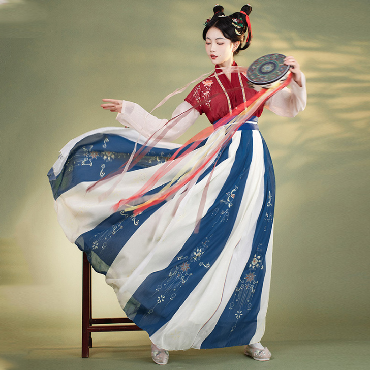 唐制汉服女正品原创中国风褙子半袖齐腰褶裙改...
