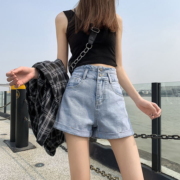 2020年夏季新款薄款超高腰浅色牛仔短裤女...