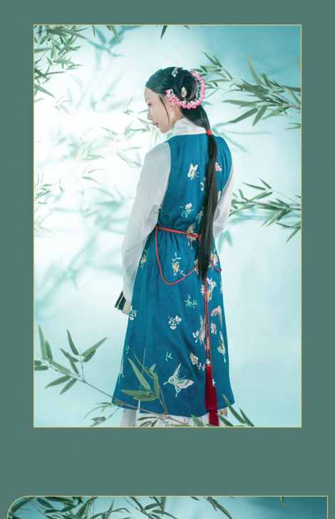 瞳菀汉服百蝶穿花长比甲雀蓝色现货s码