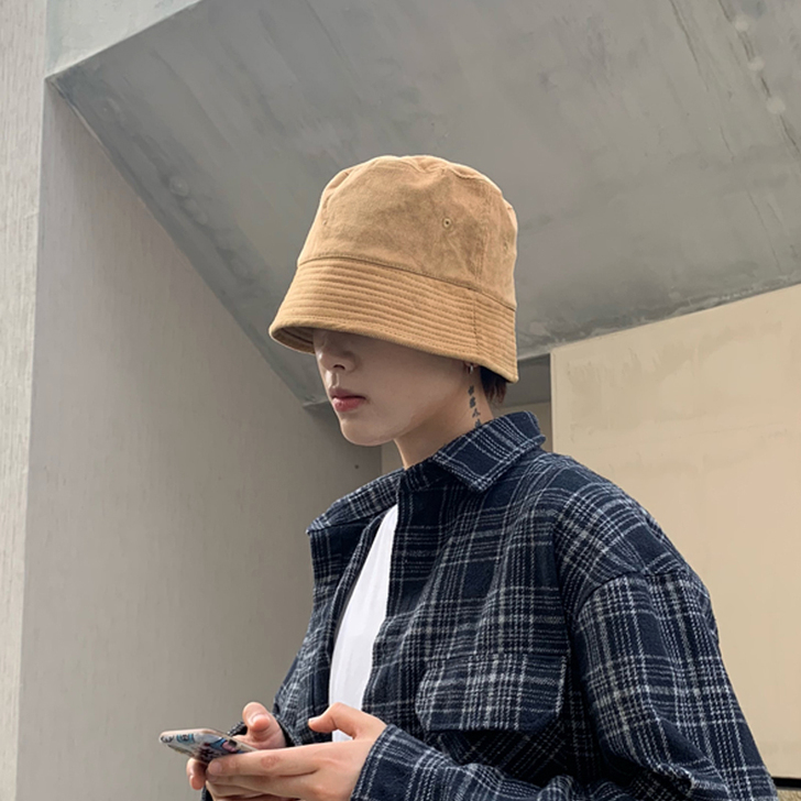渔夫帽男士秋季冬天潮牌基础灯芯绒水桶帽黑色...
