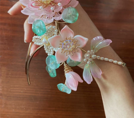 「水天清话」荷花莲花辑珠颤枝发簪 琉璃发簪...