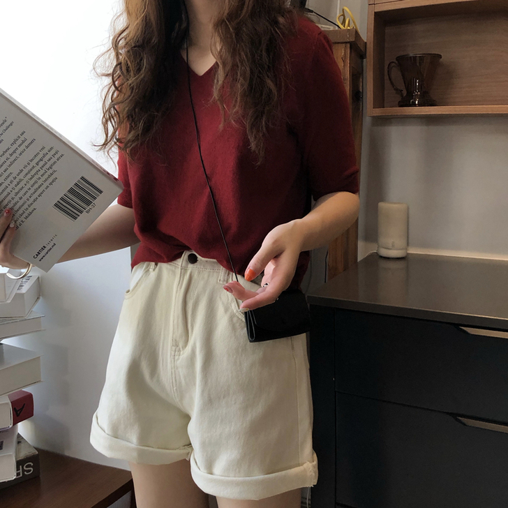 米白色牛仔短裤女宽松直筒2020年夏季新款...