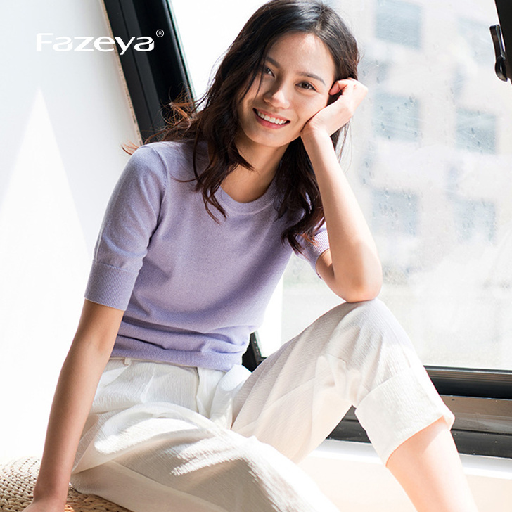 Fazeya 早秋圆领羊绒衫女纯色桑蚕丝T...
