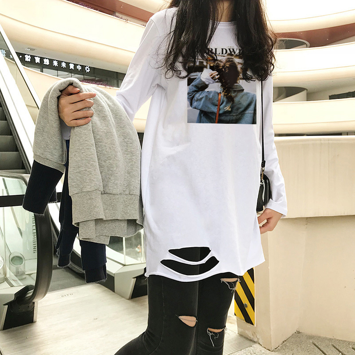 2019秋装新款长袖t恤女宽松中长款纯棉白...