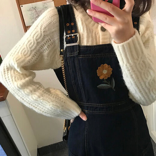 ◆SRK◆刺绣小花学院风深蓝色牛仔背带裙女...