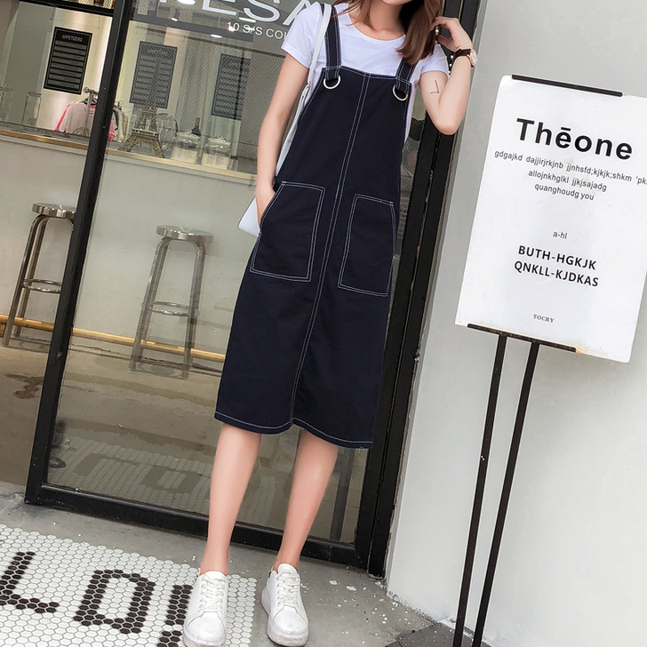 夏季韩版大口袋牛仔直筒背心裙百搭宽松学院风...