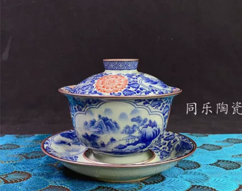 闲鱼景德镇老陶泥盖碗青花山水悬停茶具泡茶碗...