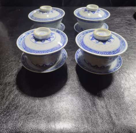 解放初期青花玲珑瓷盖碗 4套,无磕碰无穿线...